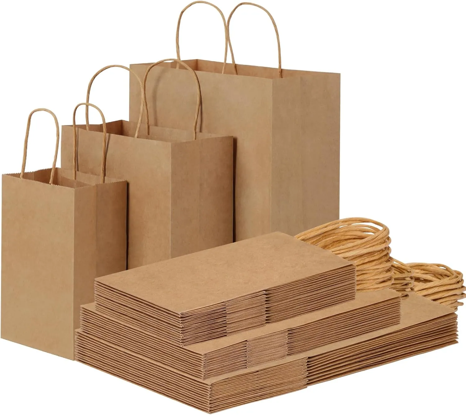 OUTUXED 45-Count Brown Kraft Paper Bags with Handles [3 Sizes 8-12.6 Inches] - Heavy-Duty Bulk Paper Gift Bags for Retail, Birthday Parties, Business Merchandise & Shopping
