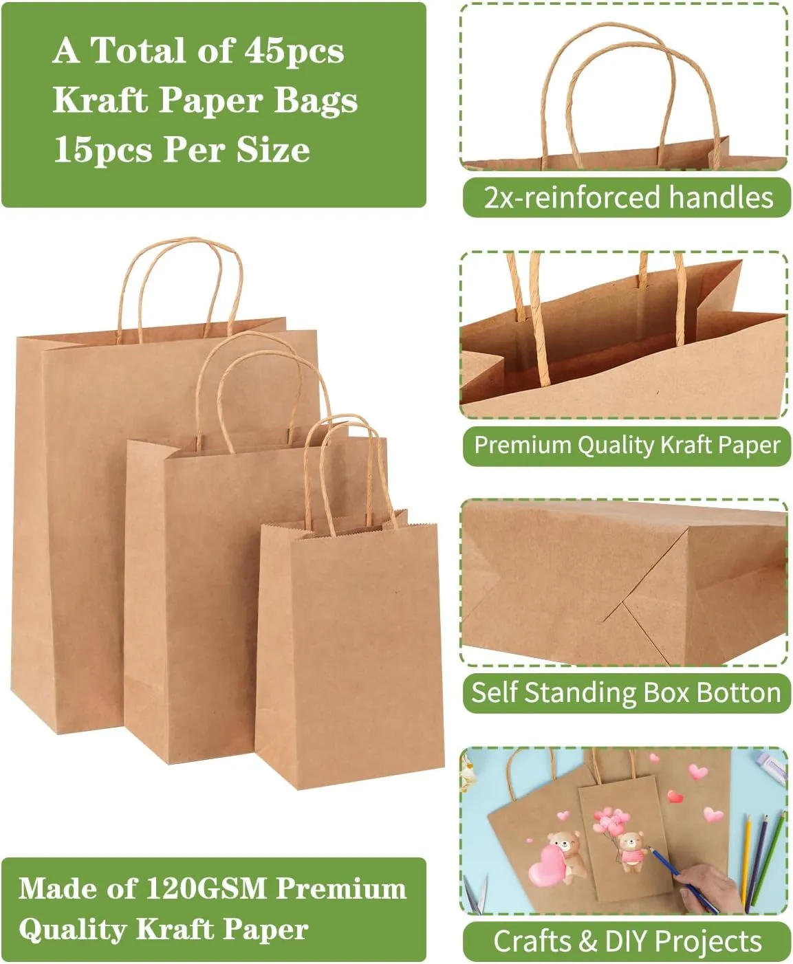 OUTUXED 45-Count Brown Kraft Paper Bags with Handles [3 Sizes 8-12.6 Inches] - Heavy-Duty Bulk Paper Gift Bags for Retail, Birthday Parties, Business Merchandise & Shopping
