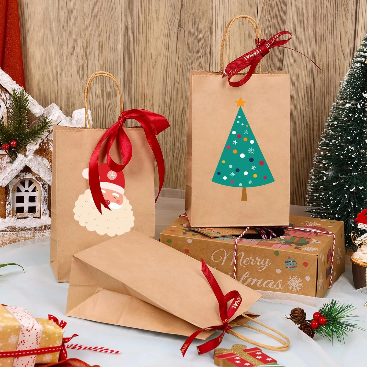 OUTUXED 60pcs Small Gift Bags, 5.25x3.2x8in Brown Paper Bags with Handles Bulk for Gift, Shopping, Birthday, Wedding, Business Party (Kraft)