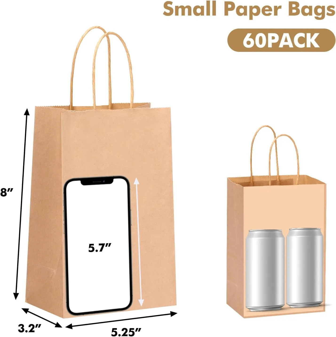 OUTUXED 60pcs Small Gift Bags, 5.25x3.2x8in Brown Paper Bags with Handles Bulk for Gift, Shopping, Birthday, Wedding, Business Party (Kraft)