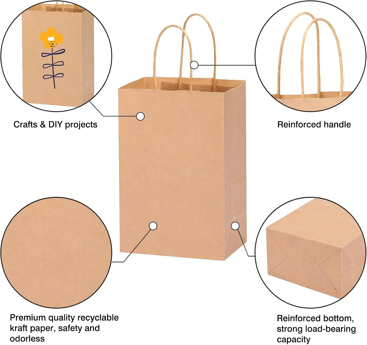 OUTUXED 60pcs Small Gift Bags, 5.25x3.2x8in Brown Paper Bags with Handles Bulk for Gift, Shopping, Birthday, Wedding, Business Party (Kraft)