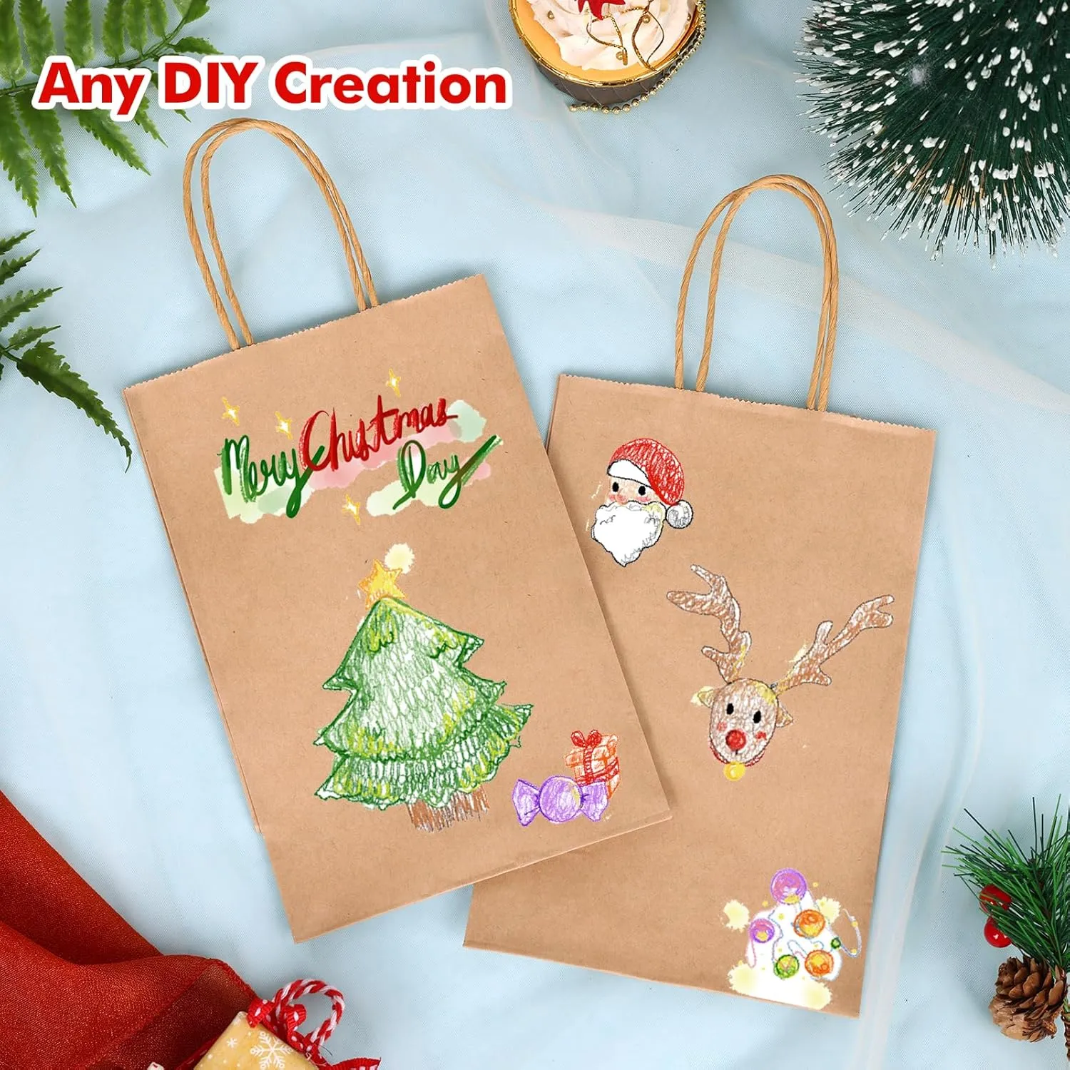 OUTUXED 60pcs Small Gift Bags, 5.25x3.2x8in Brown Paper Bags with Handles Bulk for Gift, Shopping, Birthday, Wedding, Business Party (Kraft)