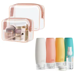PACKISM 2 Pack Rose Pink TSA Approved Toiletry Bag and 6 Pack Travel Size Bottles, Bundle Sales