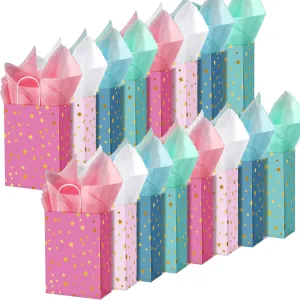 Pajean 16 Pack Star Theme Party Favor Bags with Handle Mini Kraft Paper Gift Goodie Bags with Tissues Party Supplies for Birthday Wedding Bridal Baby Shower Crafts