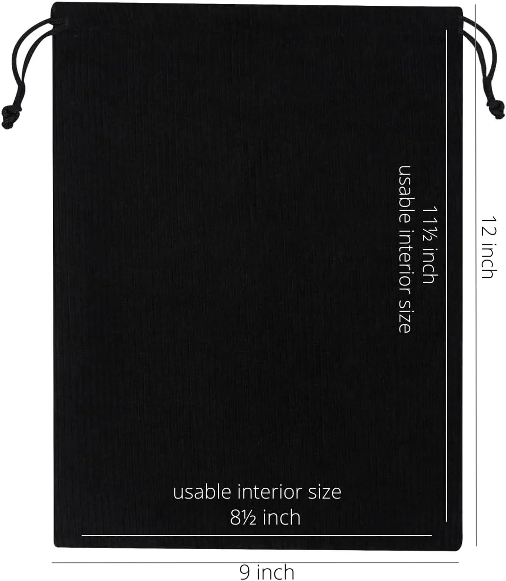 PALTERWEAR Corduroy Drawstring Bags - Set of 5 - For Organization, Make-up, Travel, Purse, Storage, Office and More (Black, 9 x 12 Inch)