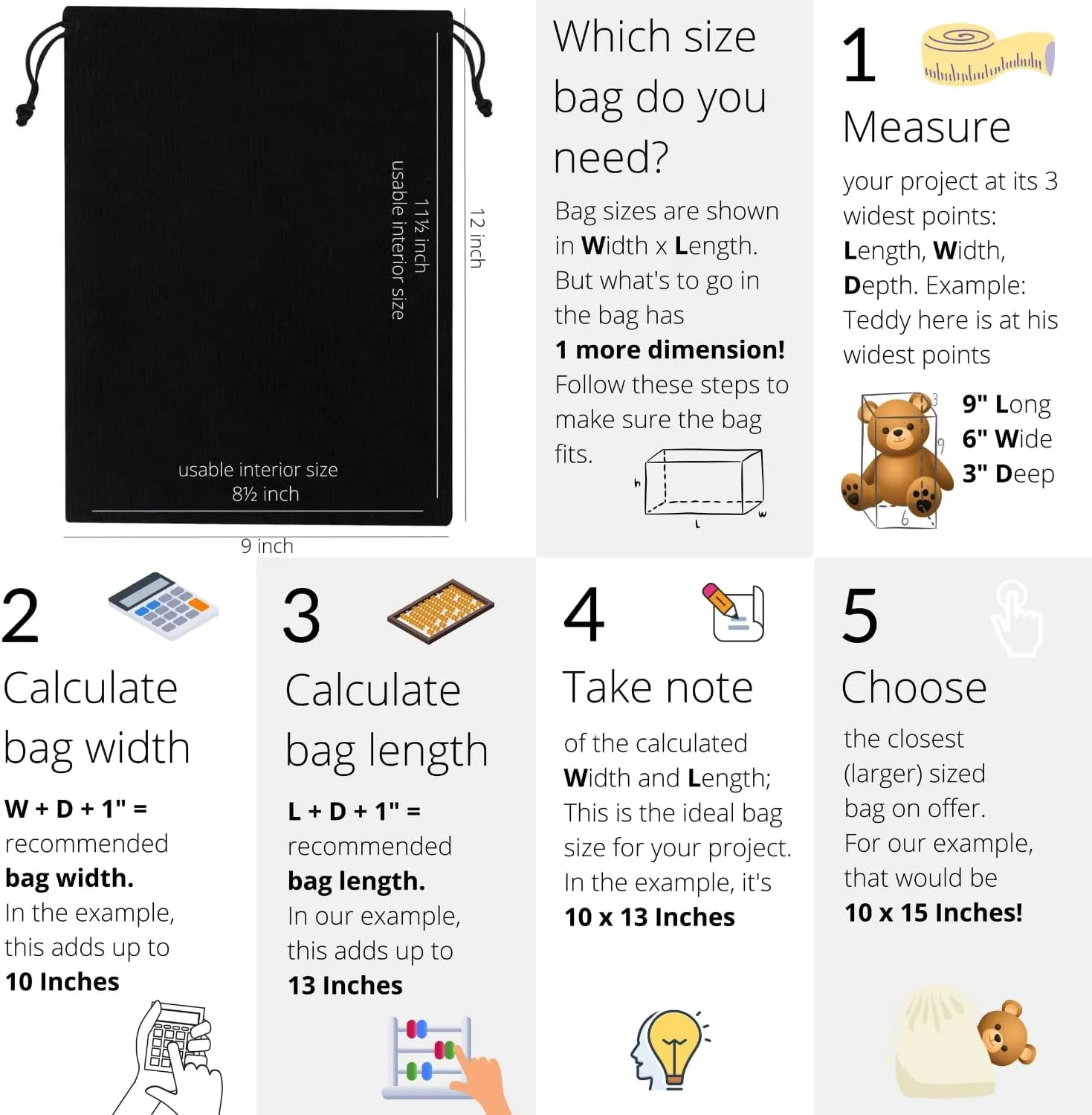 PALTERWEAR Corduroy Drawstring Bags - Set of 5 - For Organization, Make-up, Travel, Purse, Storage, Office and More (Black, 9 x 12 Inch)
