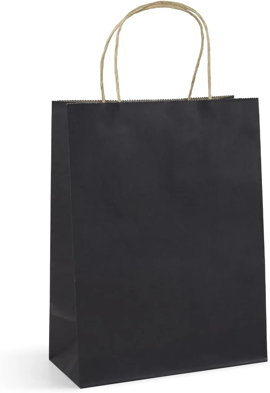 Paper Gift Bags with Handles, 8x4.25x10.5 100Pcs Black Gift Bags Bulk, Gift Bags Medium Size Kraft Paper Bags, Wedding Gift Bag, Goody Party Favor Bags, Retail Merchandise Bags, Grocery Shopping Bags