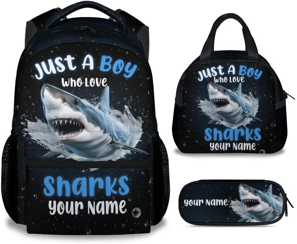 Personalized Backpacks for Boys - 3Pcs Cool Bookbag for Kids - Shark School Bag for Boys - Kids Backpacks with Lunch Box Pencil Case Set