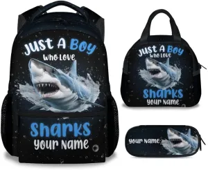 Personalized Backpacks for Boys - 3Pcs Cool Bookbag for Kids - Shark School Bag for Boys - Kids Backpacks with Lunch Box Pencil Case Set