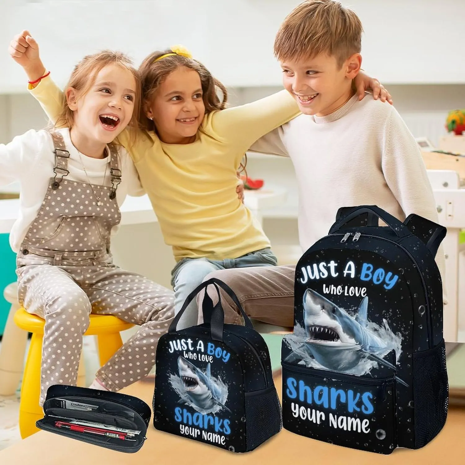 Personalized Backpacks for Boys - 3Pcs Cool Bookbag for Kids - Shark School Bag for Boys - Kids Backpacks with Lunch Box Pencil Case Set