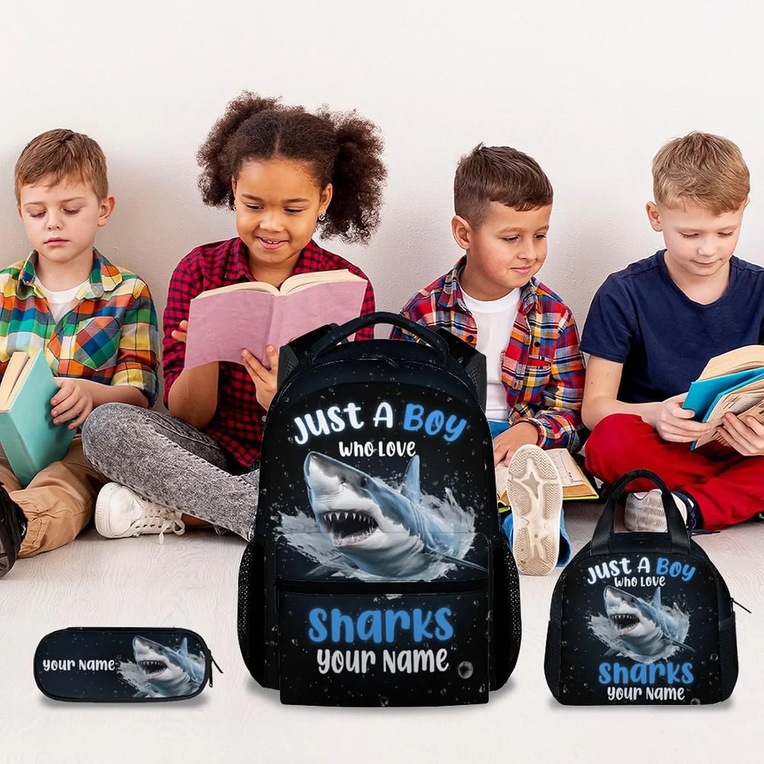 Personalized Backpacks for Boys - 3Pcs Cool Bookbag for Kids - Shark School Bag for Boys - Kids Backpacks with Lunch Box Pencil Case Set