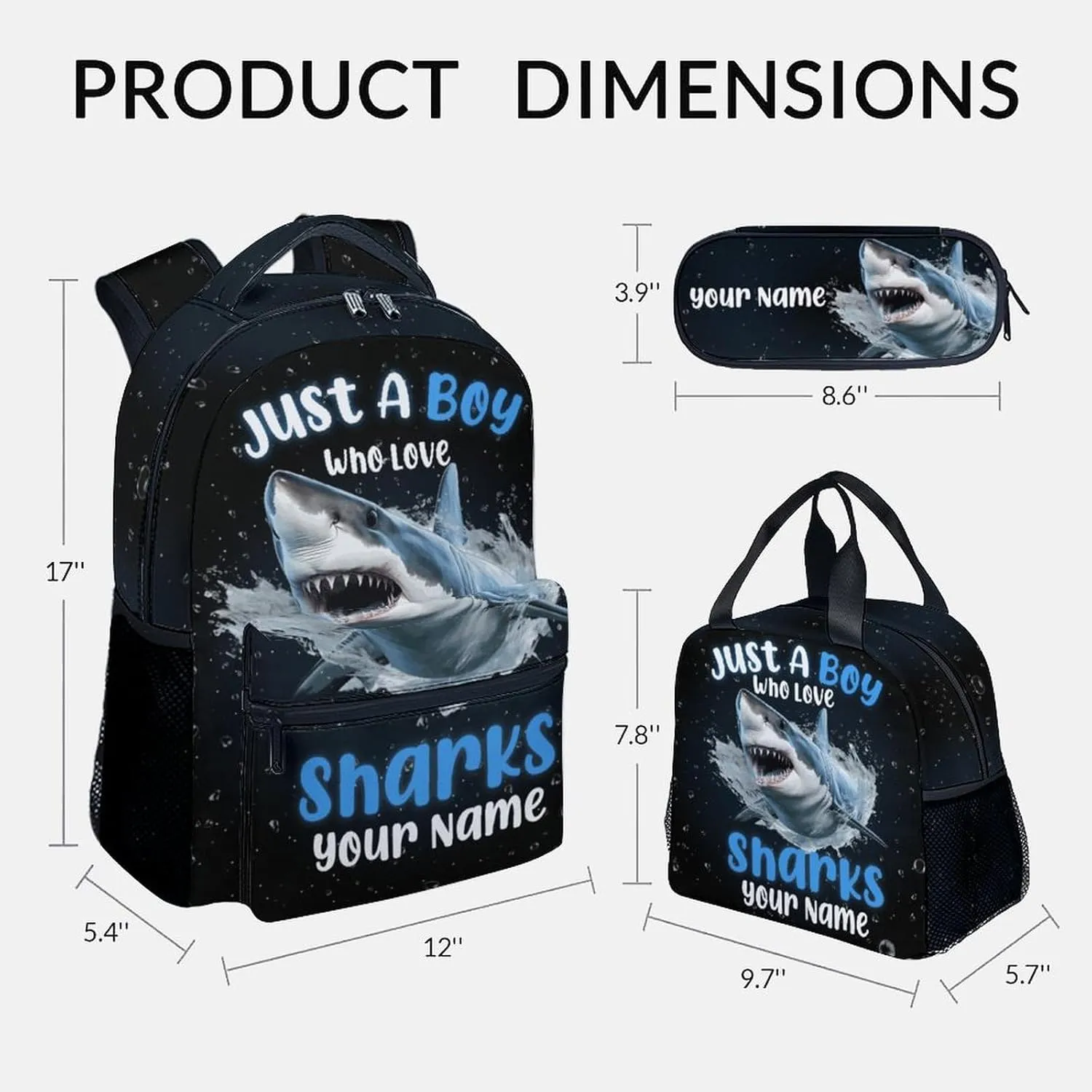 Personalized Backpacks for Boys - 3Pcs Cool Bookbag for Kids - Shark School Bag for Boys - Kids Backpacks with Lunch Box Pencil Case Set