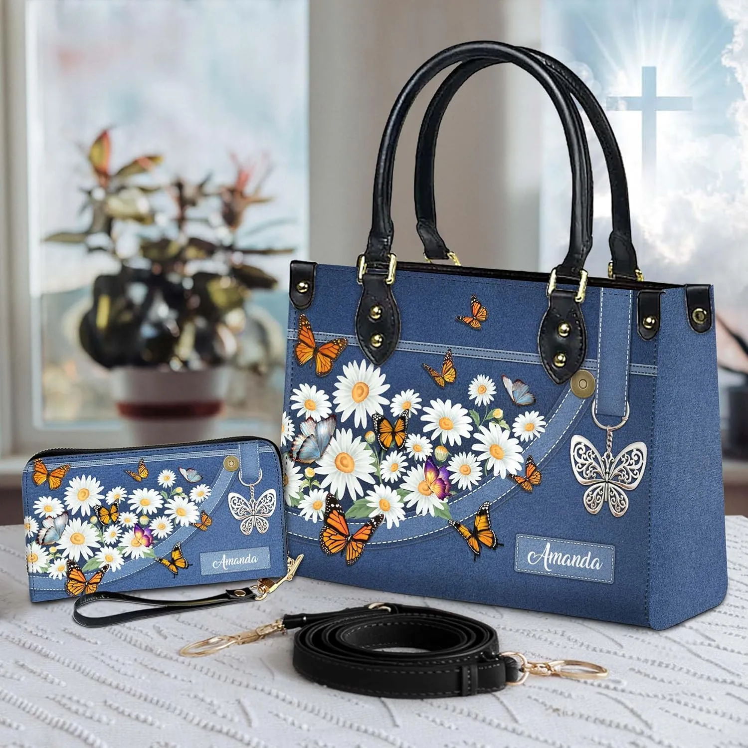Personalized Leather Handbag for Women  Matching Purse and Wallet Set  Custom Name Church Bags, Mother's Day Gift