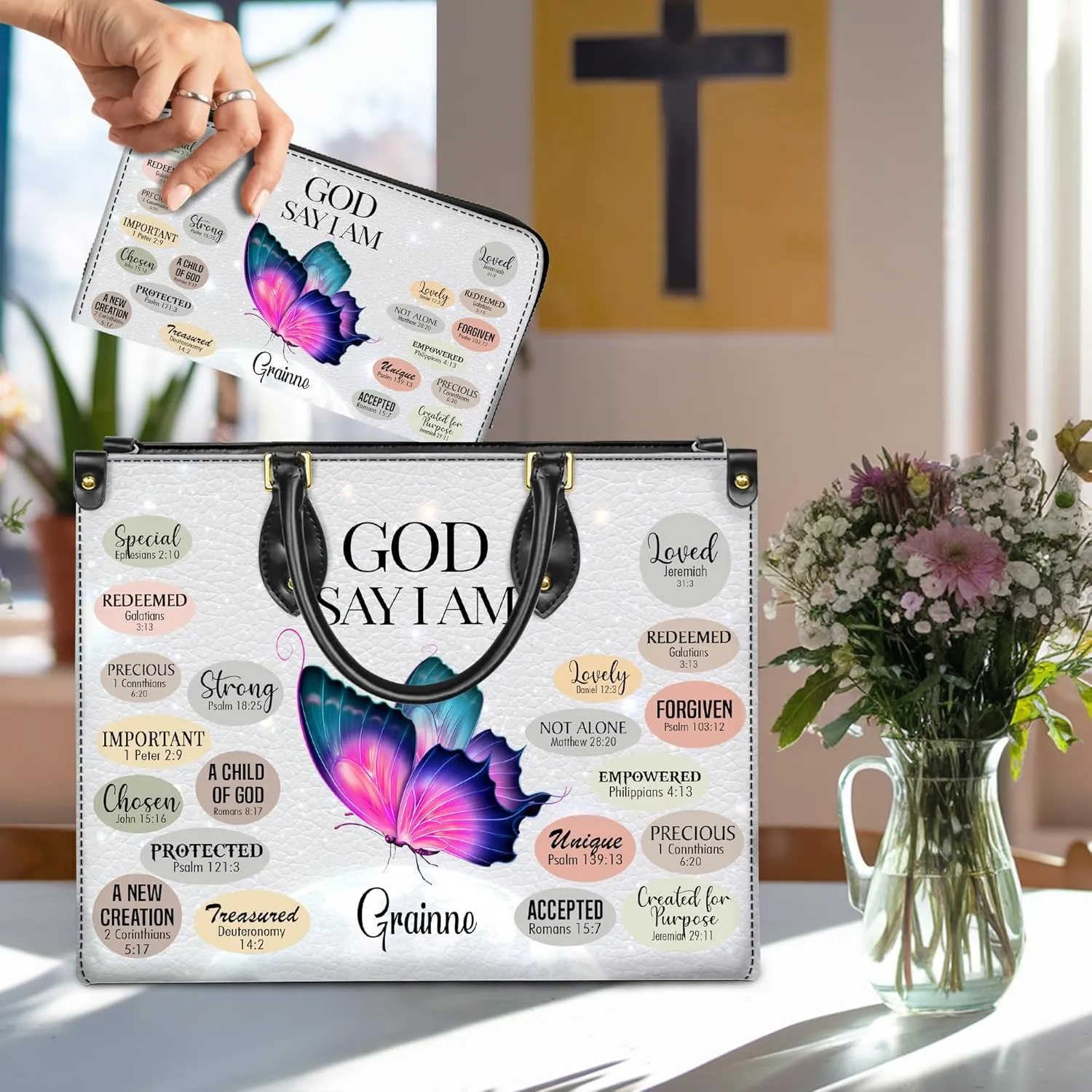 Personalized Leather Handbag for Women  Matching Purse and Wallet Set  Custom Name Church Bags, Mother's Day Gift