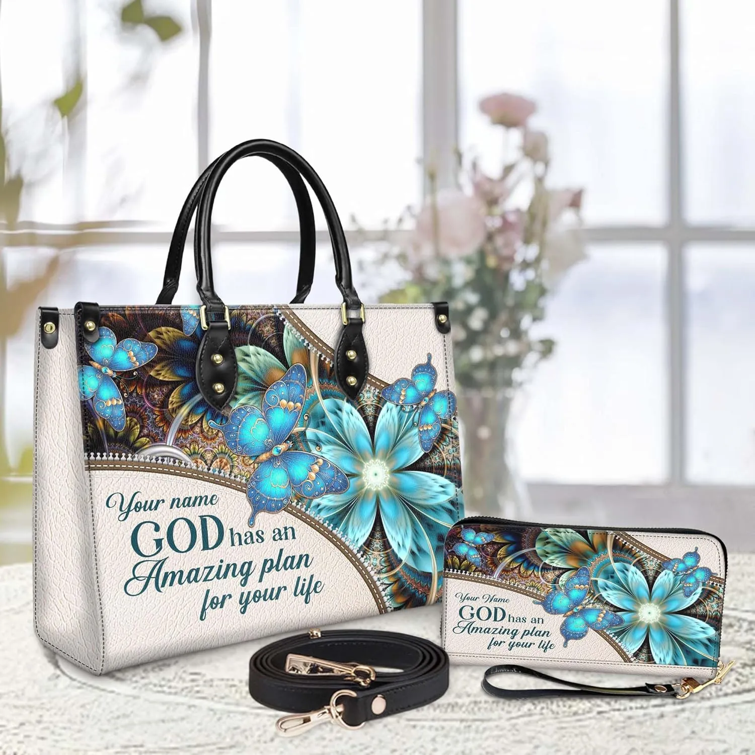 Personalized Leather Handbag for Women  Matching Purse and Wallet Set  Custom Name Church Bags, Mother's Day Gift