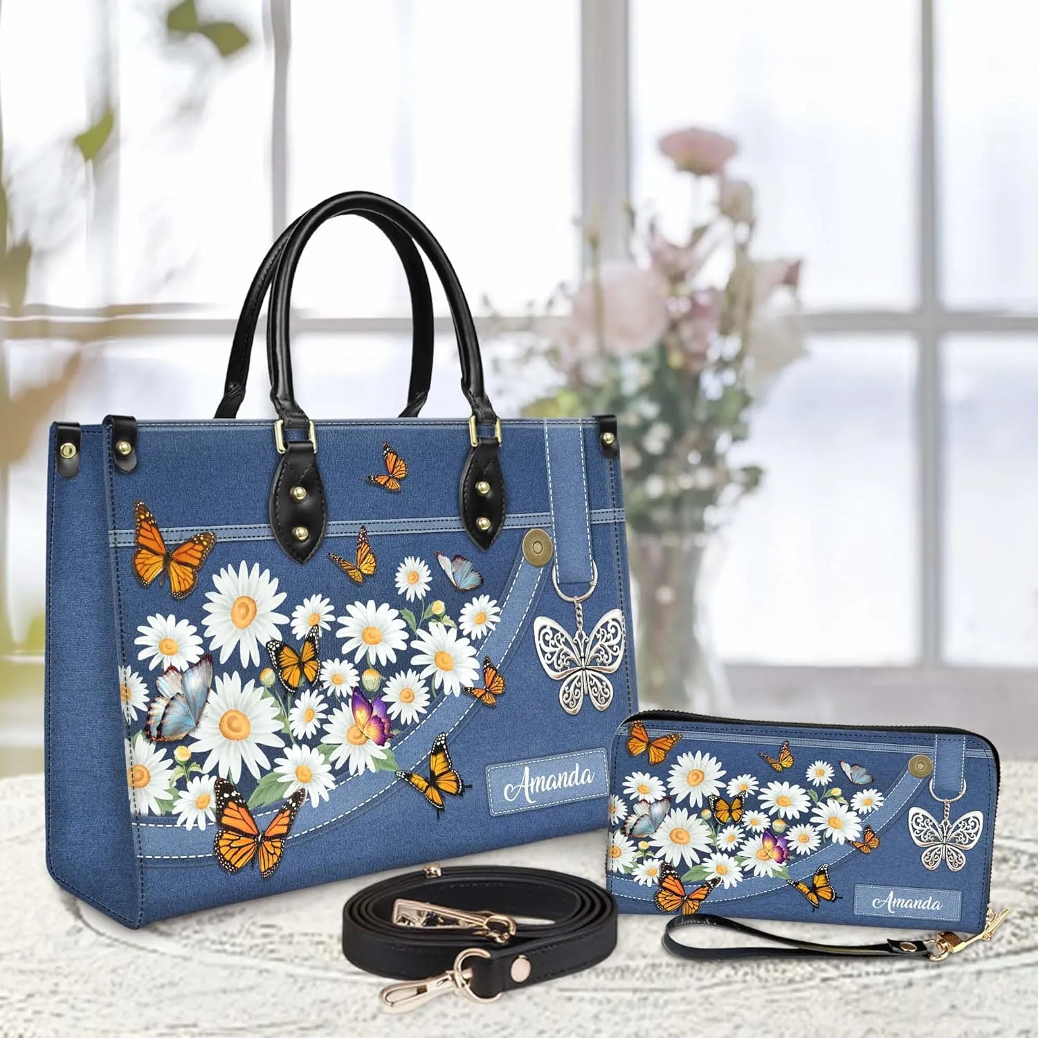 Personalized Leather Handbag for Women  Matching Purse and Wallet Set  Custom Name Church Bags, Mother's Day Gift