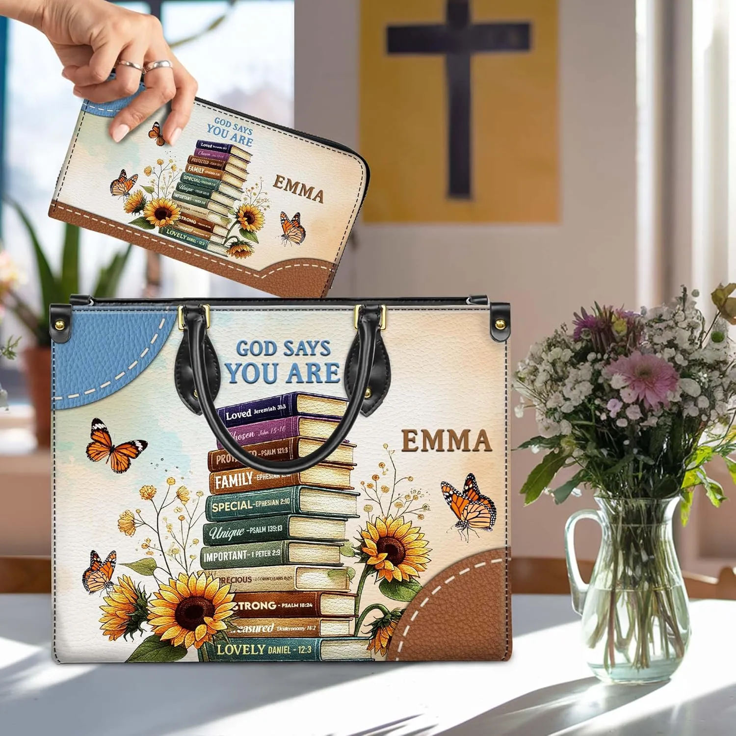 Personalized Leather Handbag for Women  Matching Purse and Wallet Set  Custom Name Church Bags, Mother's Day Gift