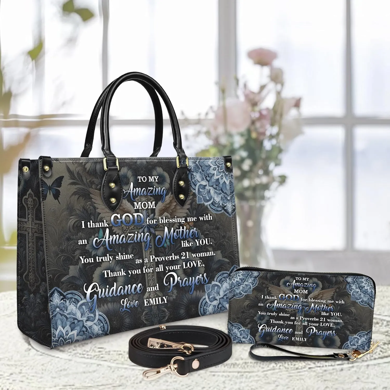 Personalized Leather Handbag for Women  Matching Purse and Wallet Set  Custom Name Church Bags, Mother's Day Gift