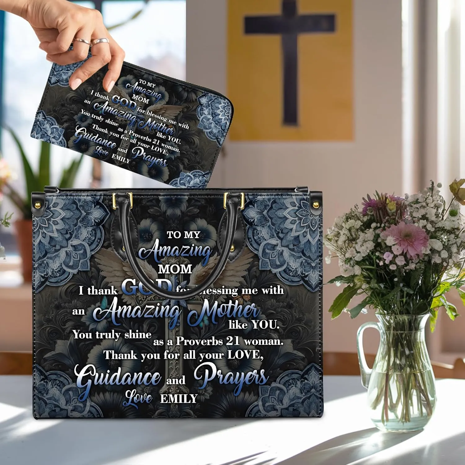 Personalized Leather Handbag for Women  Matching Purse and Wallet Set  Custom Name Church Bags, Mother's Day Gift