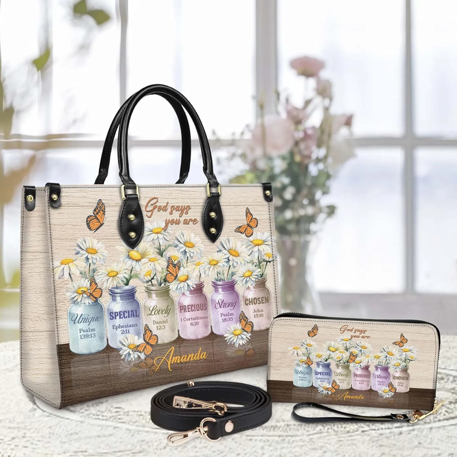 Personalized Leather Handbag for Women  Matching Purse and Wallet Set  Custom Name Church Bags, Mother's Day Gift