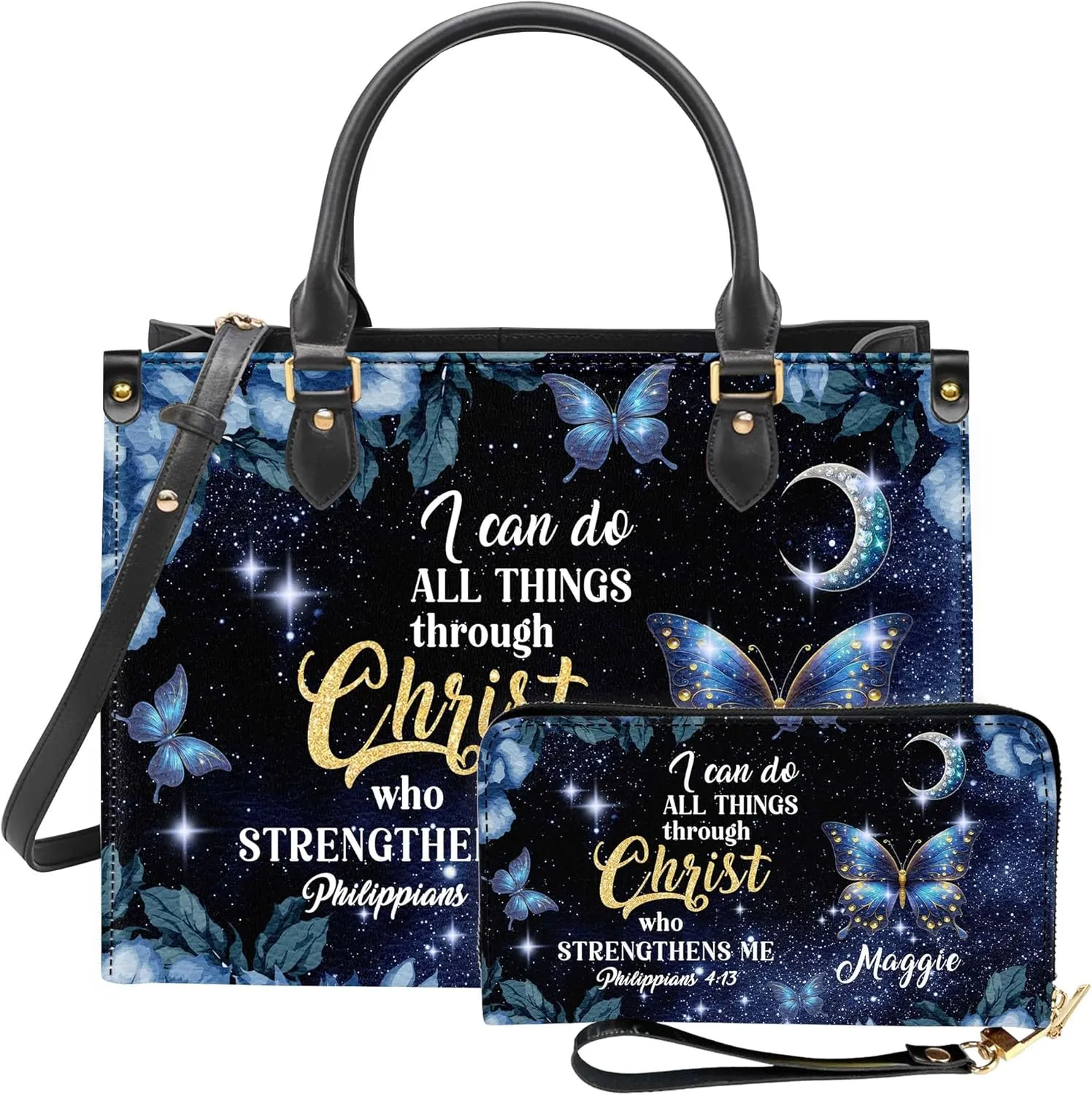 Personalized Leather Handbag for Women  Matching Purse and Wallet Set  Custom Name Church Bags, Mother's Day Gift