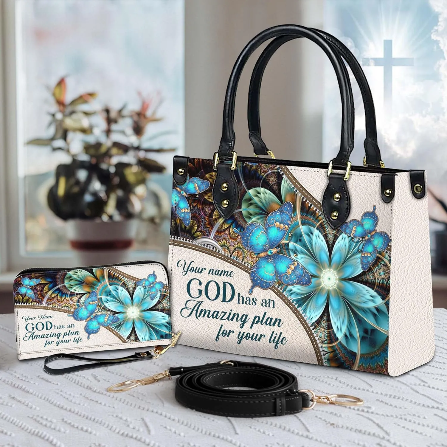 Personalized Leather Handbag for Women  Matching Purse and Wallet Set  Custom Name Church Bags, Mother's Day Gift