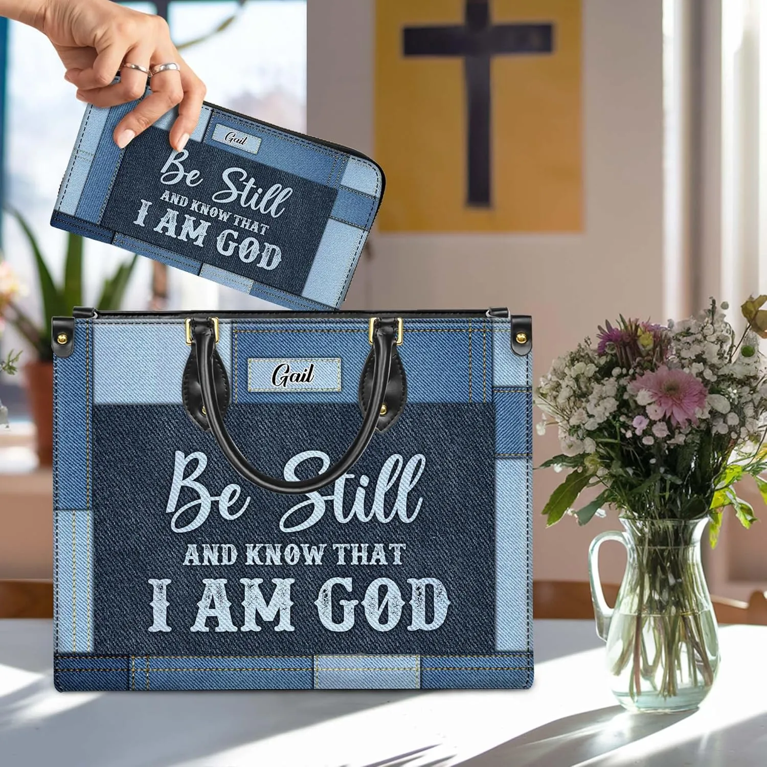 Personalized Leather Handbag for Women  Matching Purse and Wallet Set  Custom Name Church Bags, Mother's Day Gift