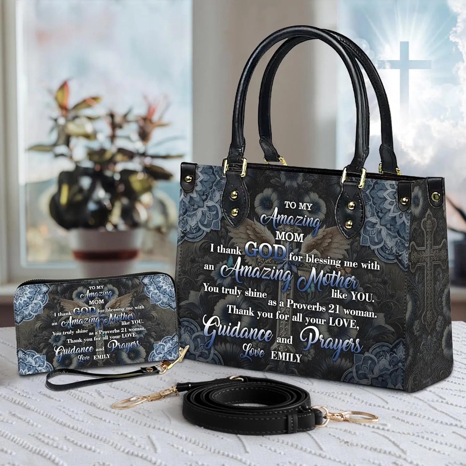 Personalized Leather Handbag for Women  Matching Purse and Wallet Set  Custom Name Church Bags, Mother's Day Gift