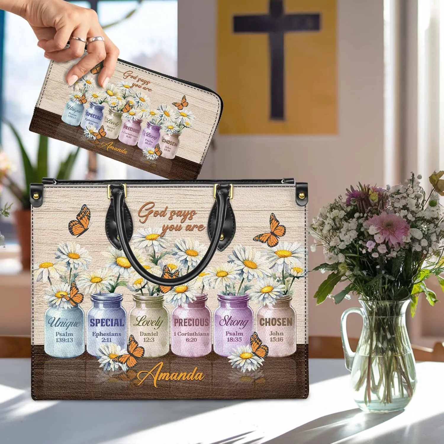 Personalized Leather Handbag for Women  Matching Purse and Wallet Set  Custom Name Church Bags, Mother's Day Gift