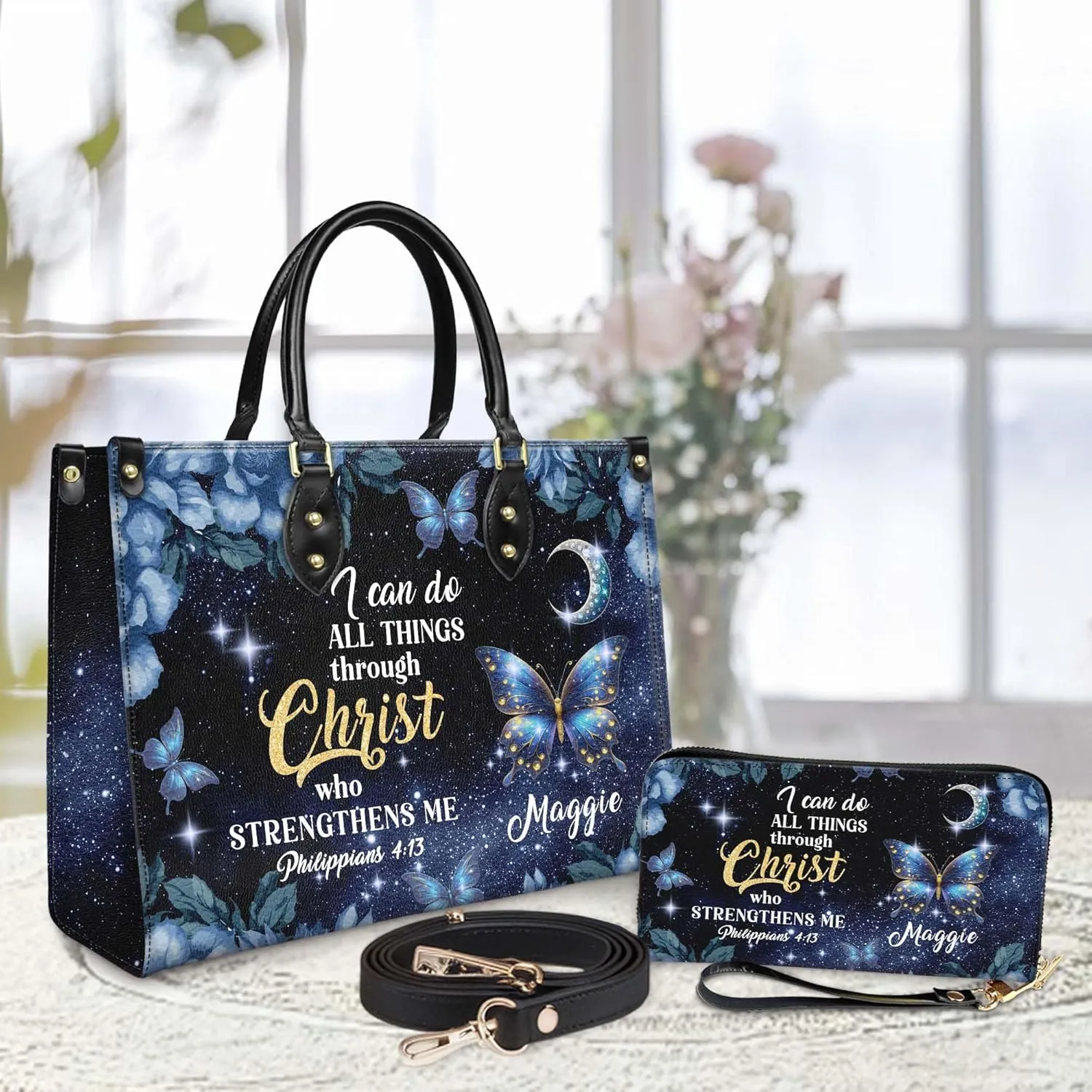 Personalized Leather Handbag for Women  Matching Purse and Wallet Set  Custom Name Church Bags, Mother's Day Gift
