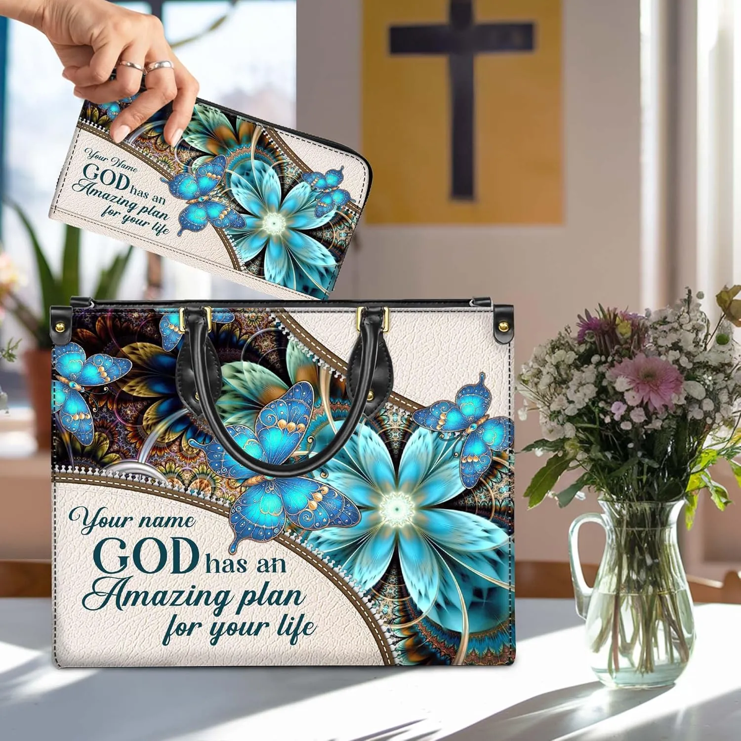 Personalized Leather Handbag for Women  Matching Purse and Wallet Set  Custom Name Church Bags, Mother's Day Gift