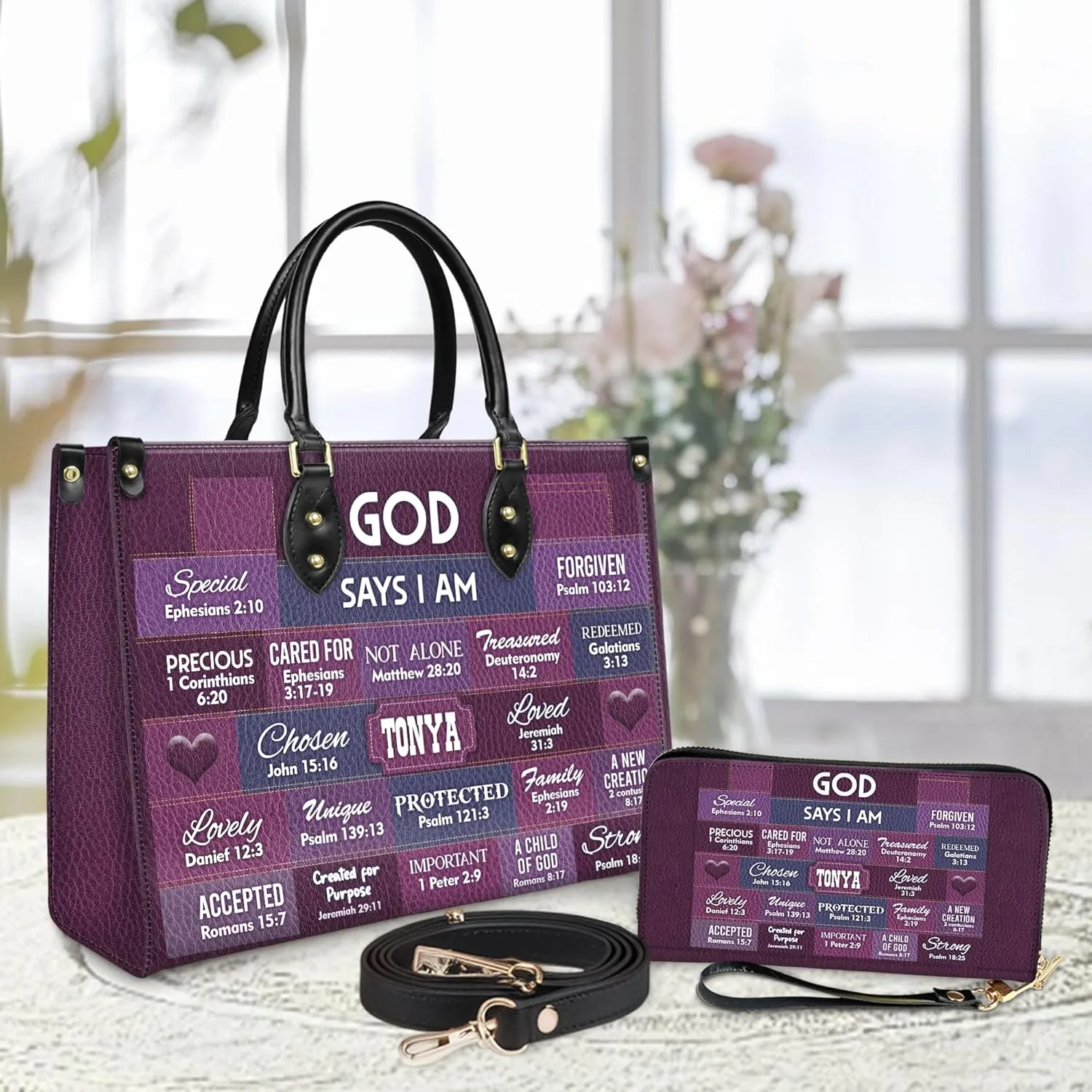 Personalized Leather Handbag for Women  Matching Purse and Wallet Set  Custom Name Church Bags, Mother's Day Gift