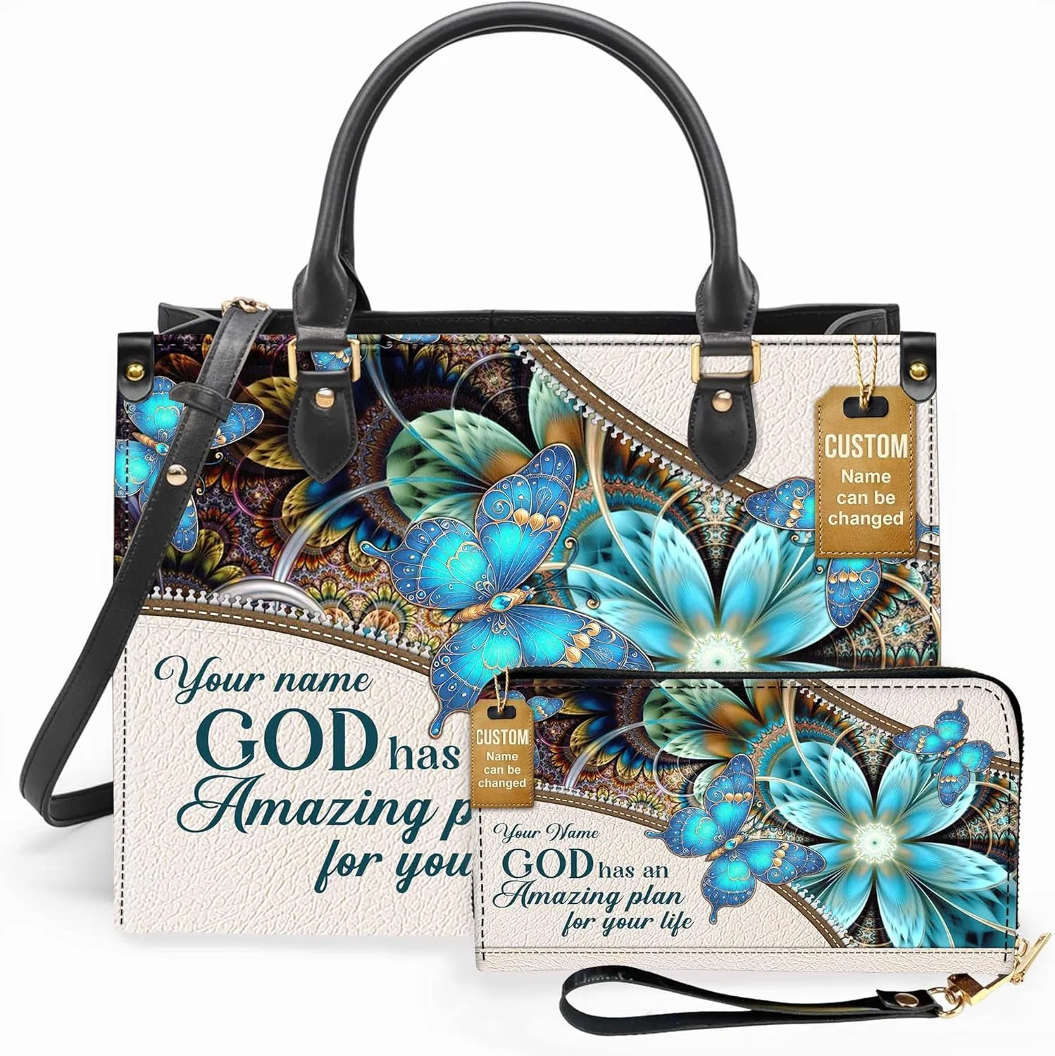 Personalized Leather Handbag for Women  Matching Purse and Wallet Set  Custom Name Church Bags, Mother's Day Gift