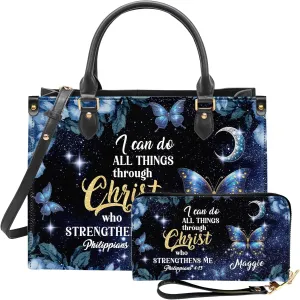 Personalized Leather Handbag for Women  Matching Purse and Wallet Set  Custom Name Church Bags, Mother's Day Gift