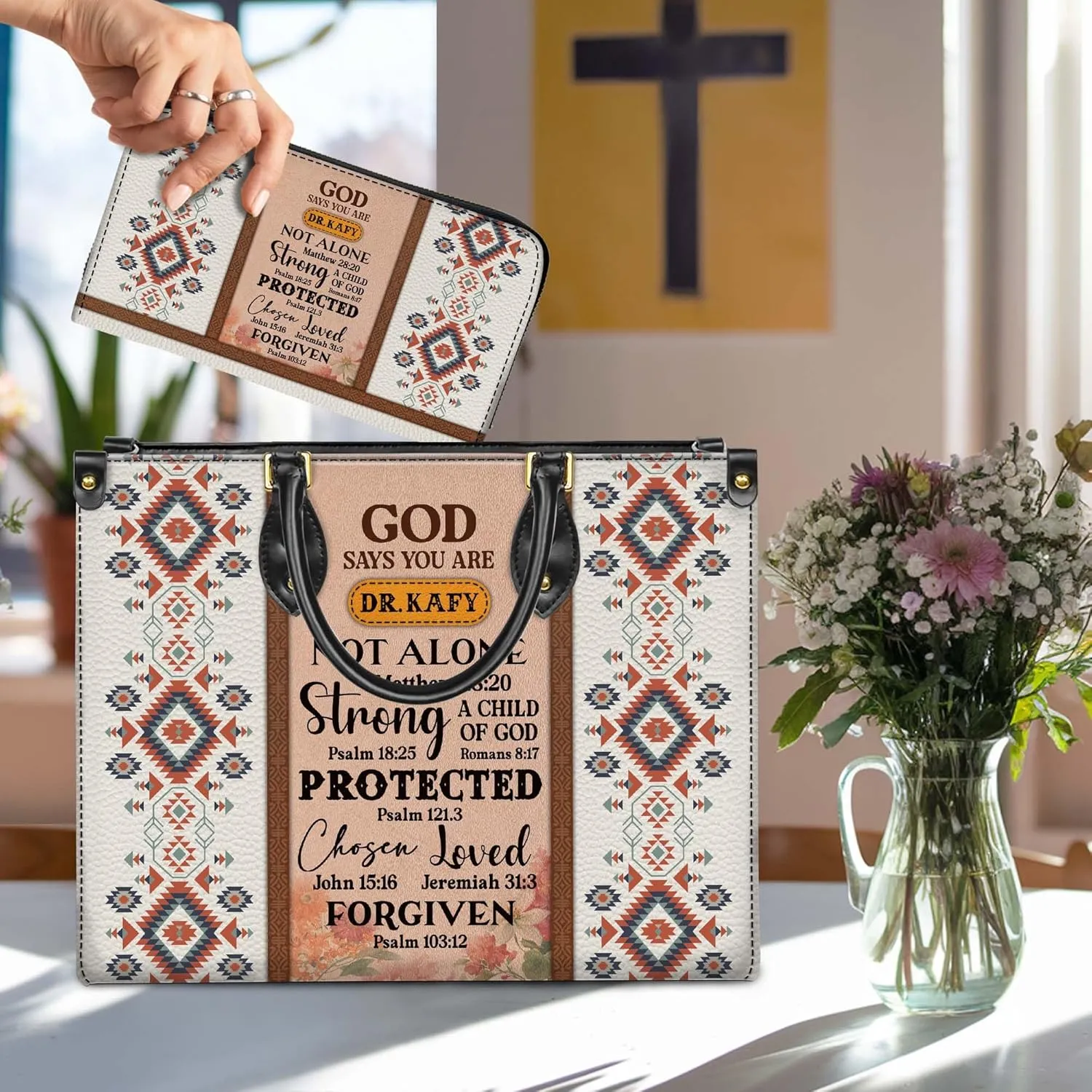 Personalized Leather Handbag for Women  Matching Purse and Wallet Set  Custom Name Church Bags, Mother's Day Gift