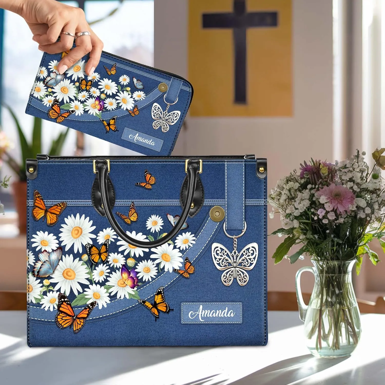 Personalized Leather Handbag for Women  Matching Purse and Wallet Set  Custom Name Church Bags, Mother's Day Gift