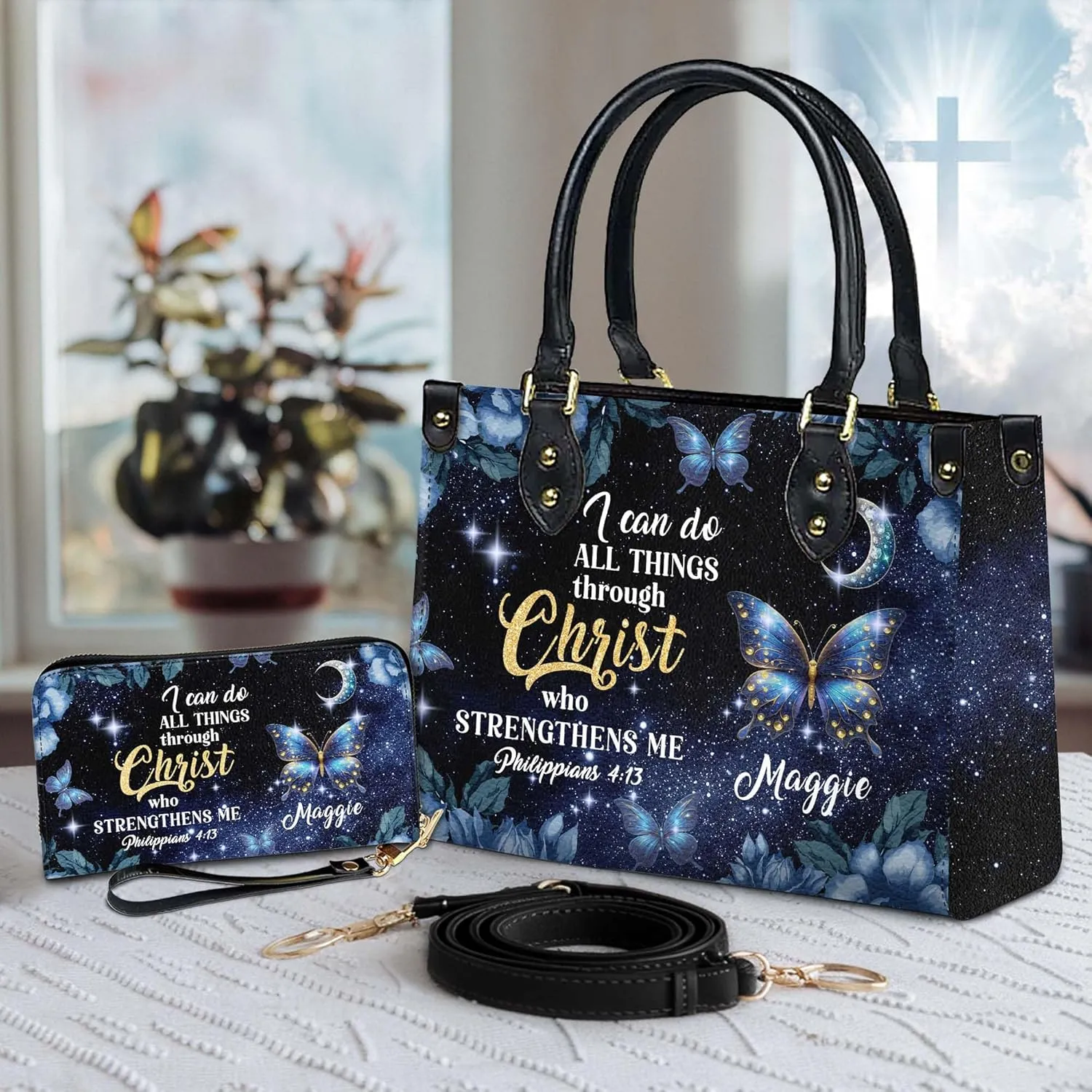 Personalized Leather Handbag for Women  Matching Purse and Wallet Set  Custom Name Church Bags, Mother's Day Gift