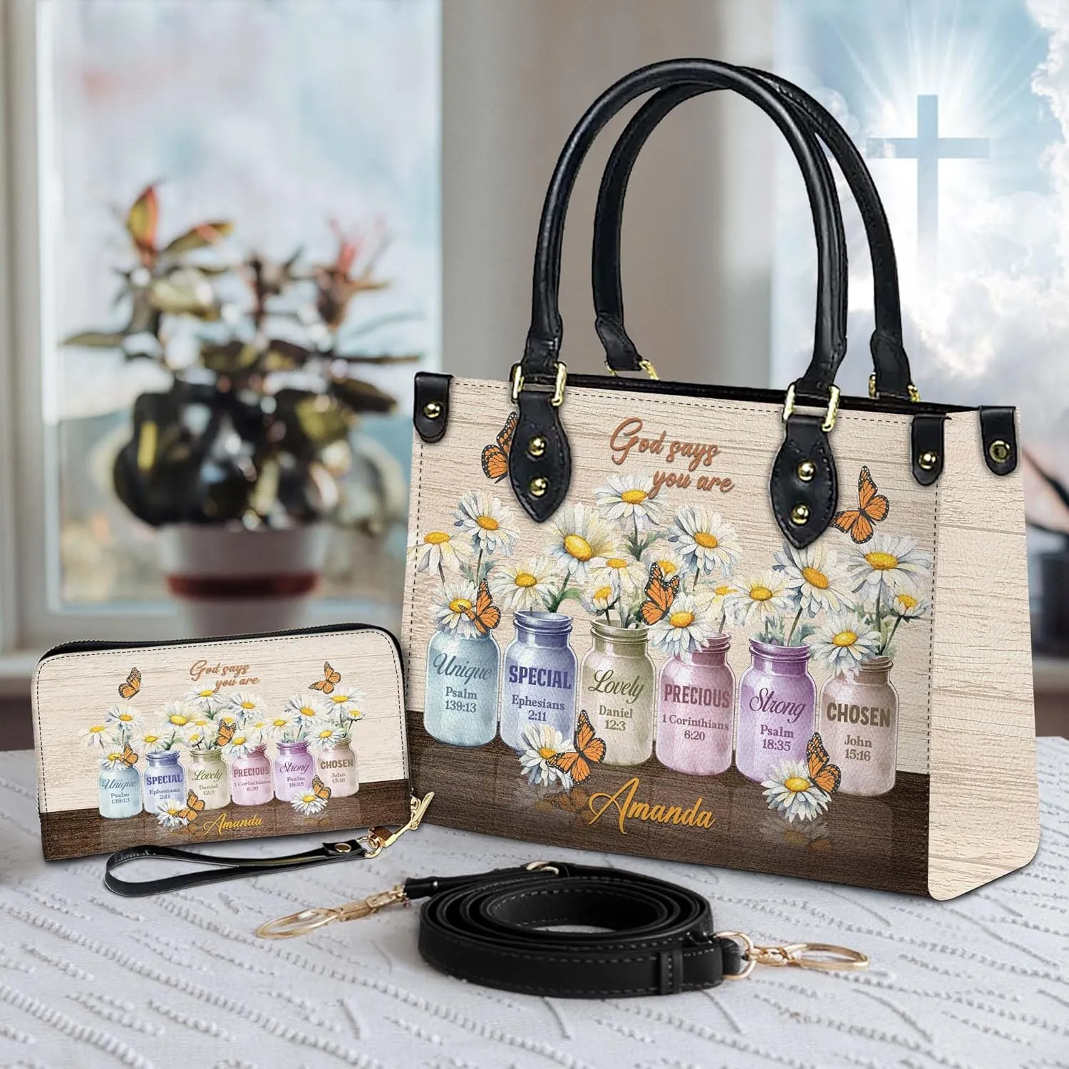 Personalized Leather Handbag for Women  Matching Purse and Wallet Set  Custom Name Church Bags, Mother's Day Gift