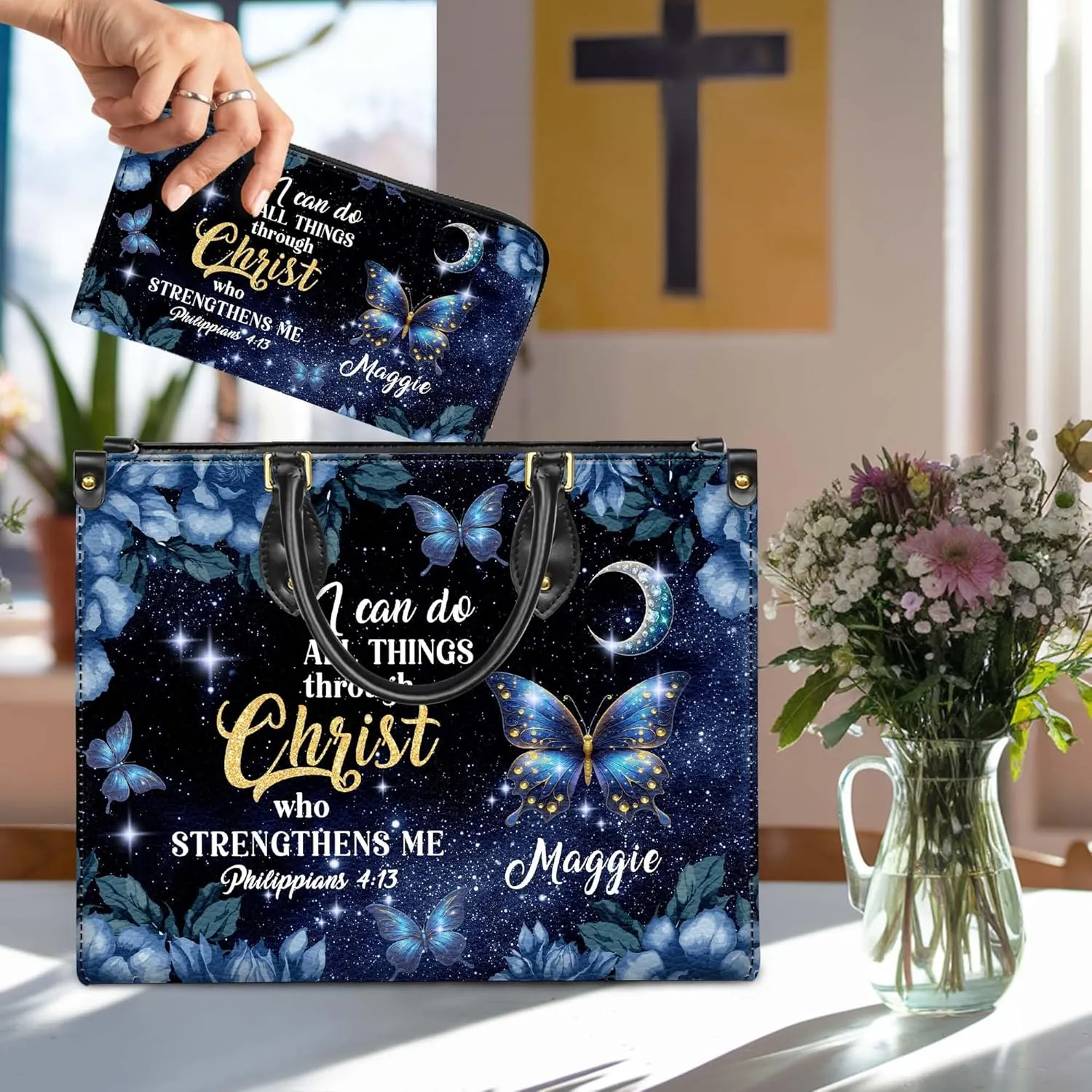 Personalized Leather Handbag for Women  Matching Purse and Wallet Set  Custom Name Church Bags, Mother's Day Gift
