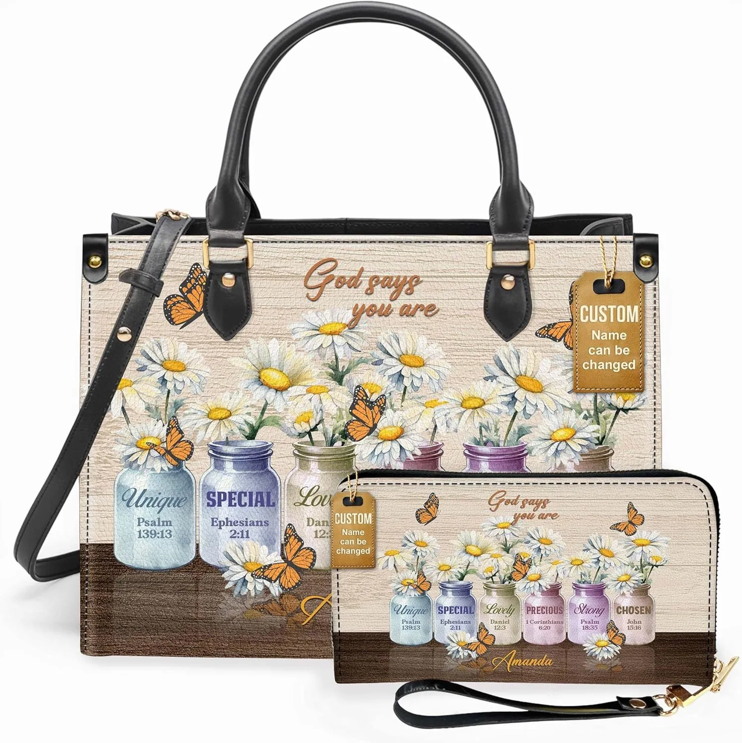 Personalized Leather Handbag for Women  Matching Purse and Wallet Set  Custom Name Church Bags, Mother's Day Gift