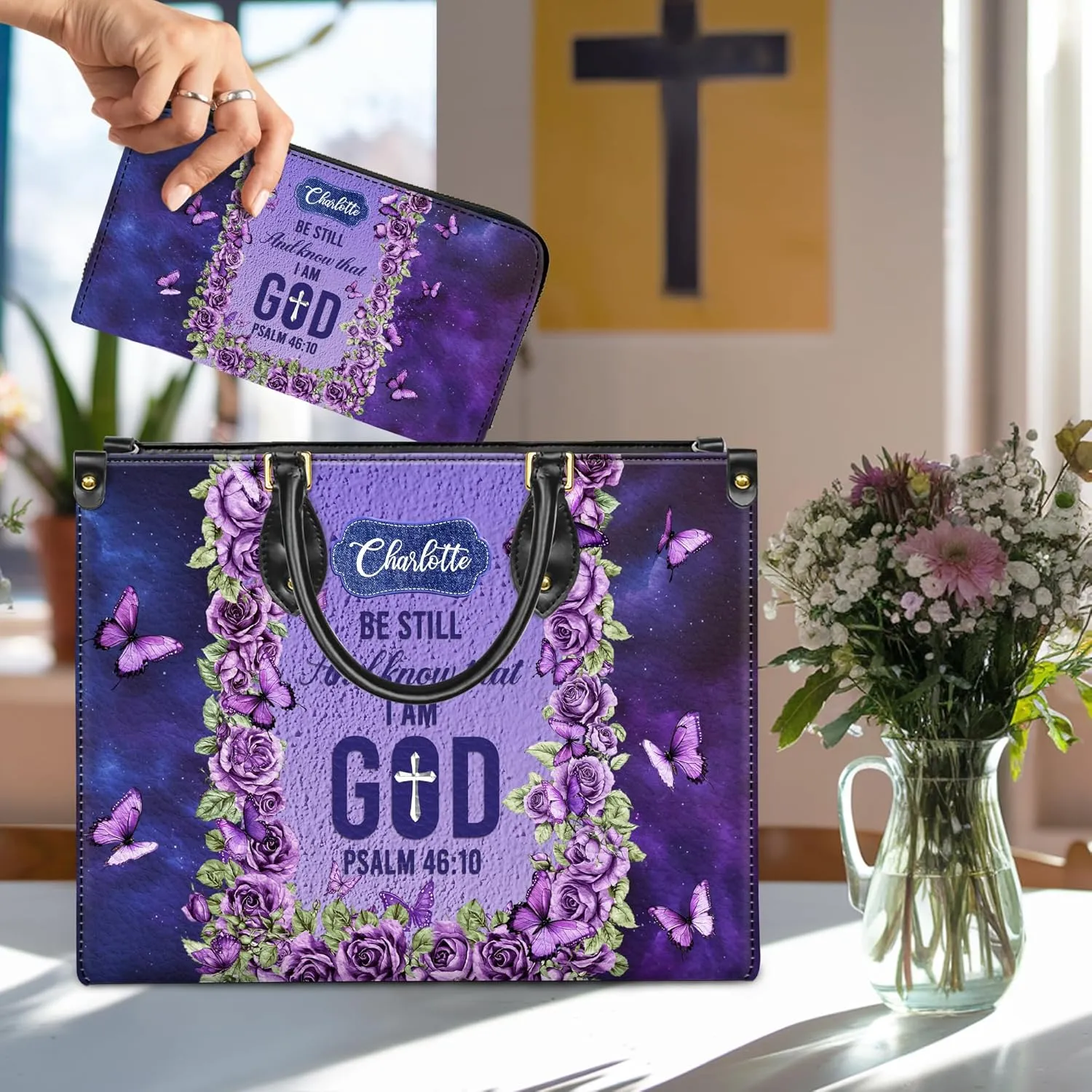 Personalized Leather Handbag for Women  Matching Purse and Wallet Set  Custom Name Church Bags, Mother's Day Gift