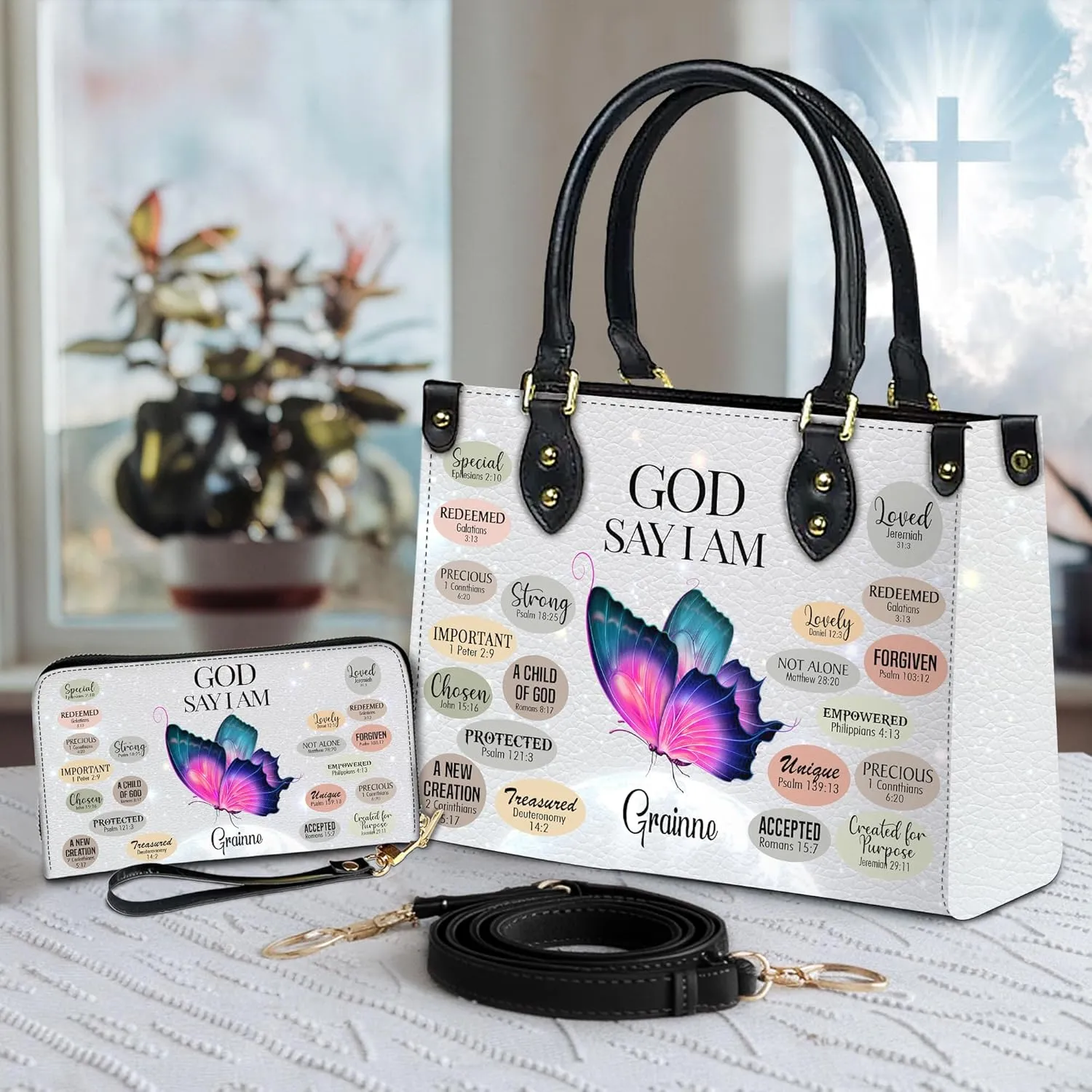 Personalized Leather Handbag for Women  Matching Purse and Wallet Set  Custom Name Church Bags, Mother's Day Gift