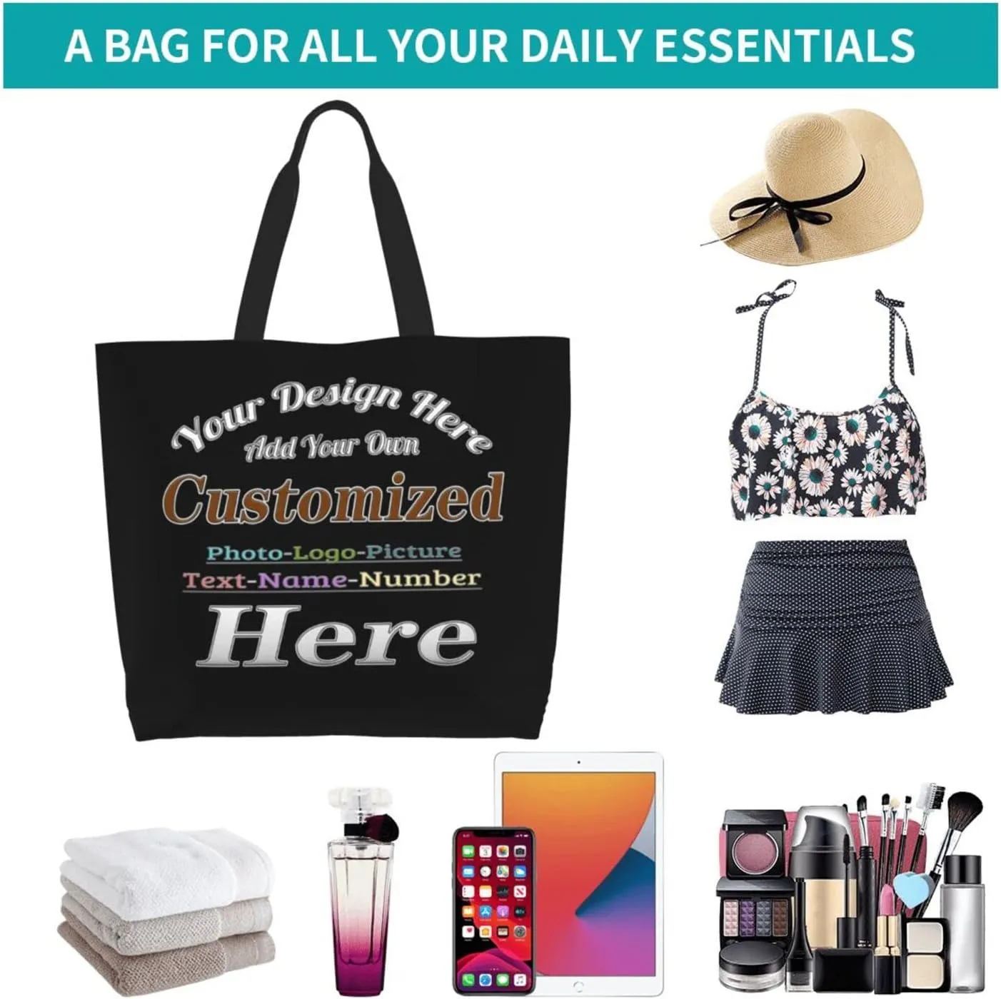 Personalized Tote Bag For Women Custom Tote Handbag Shoulder Bag For Shopping Travel Business Work Beach Customized Gift