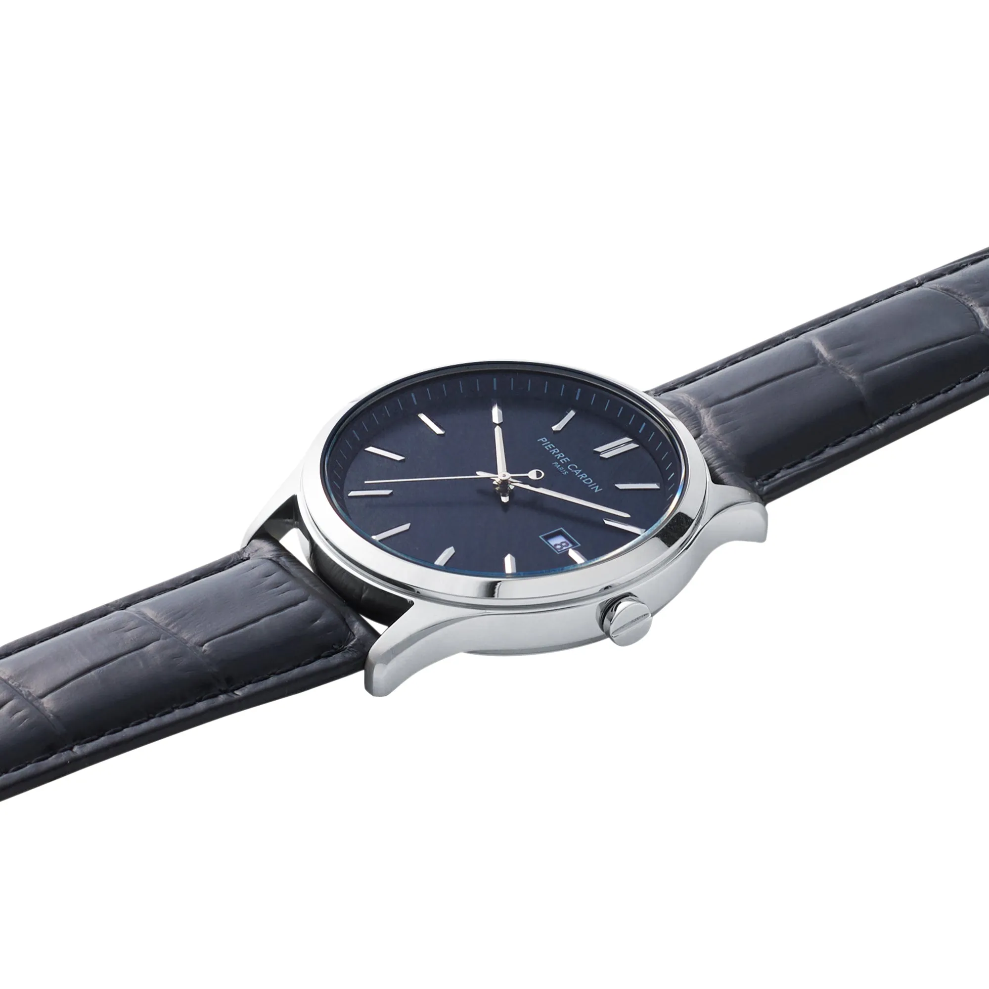Épinettes Essential Stainless Steel Watch with Black Dial and Black Leather Strap