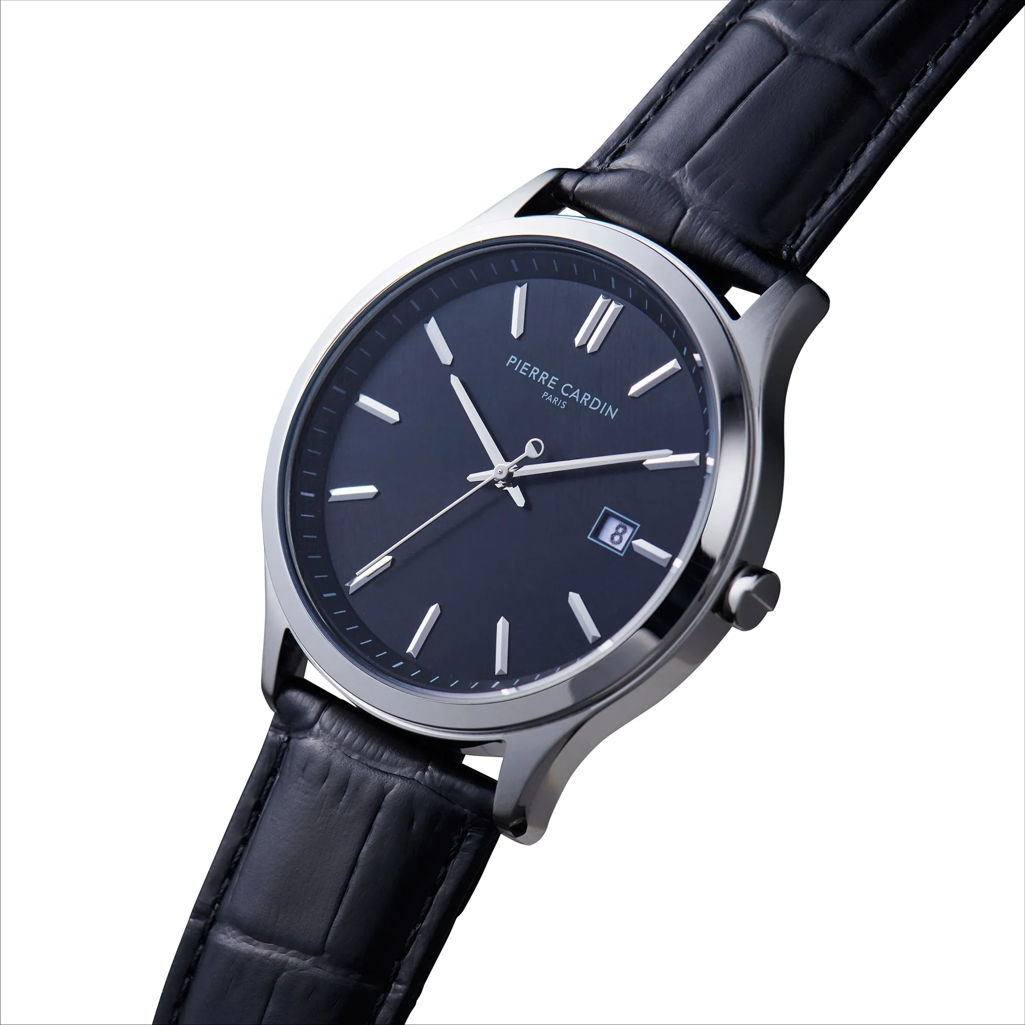 Épinettes Essential Stainless Steel Watch with Black Dial and Black Leather Strap