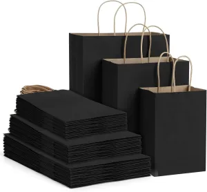Poever Black Kraft Paper Bags with Handles 5x3x8 & 8x4x10 & 10x5x13 30 PCS, Gift Bags Shopping Bags Goody Bags for Birthday Party Takeouts Retail Grocery