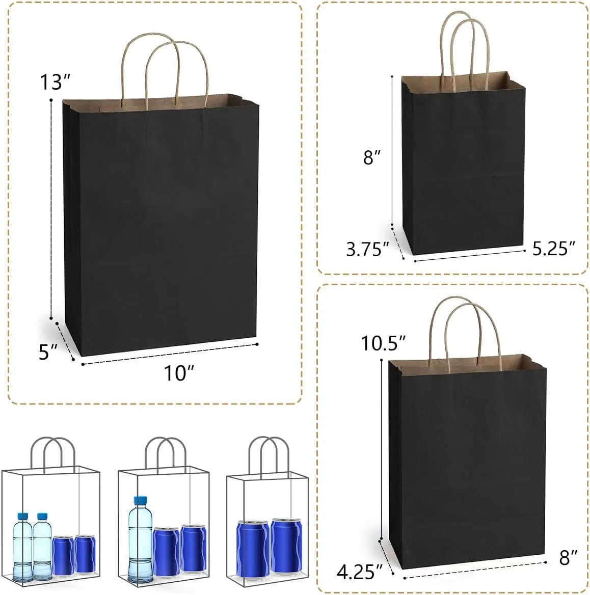 Poever Black Kraft Paper Bags with Handles 5x3x8 & 8x4x10 & 10x5x13 30 PCS, Gift Bags Shopping Bags Goody Bags for Birthday Party Takeouts Retail Grocery