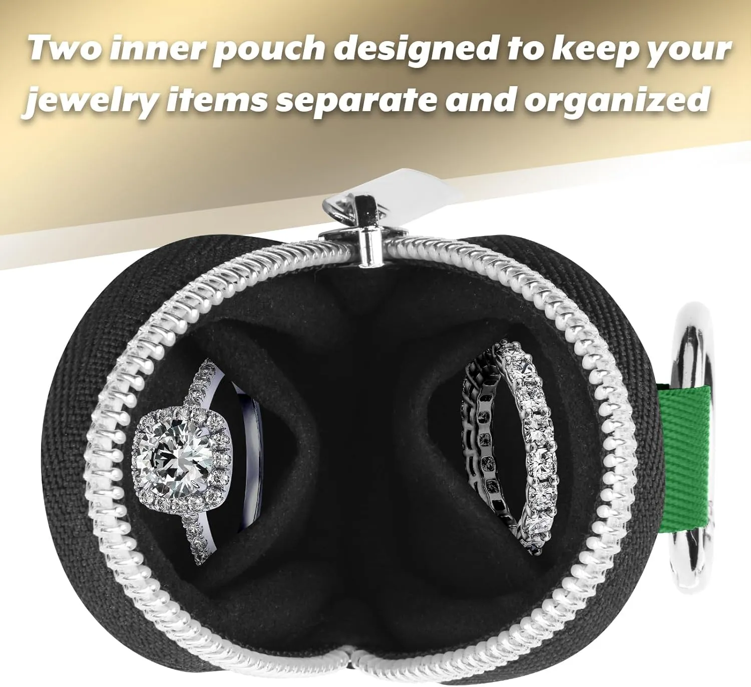 Portable Ring Organizer Case with Keychain, Traveling Ring Holder Storage Bag, Anti-Lost Keychain Container for Rings, Jewelry (1, Green)