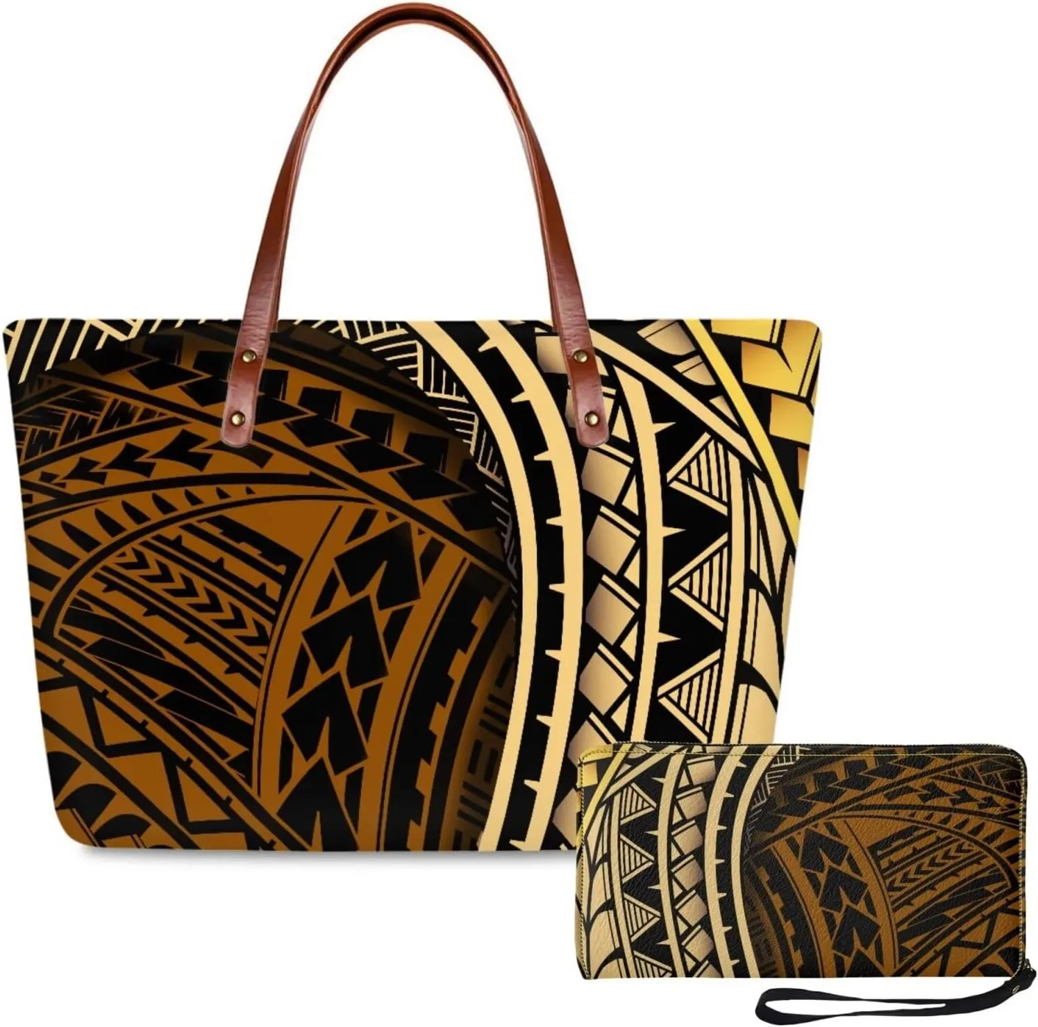 PU Leather Purse Samoan Polynesian Tribal Large Capacity Tote Bag Shoulder Bags Wallet Set 2pcs Shoulder Bags