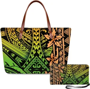 PU Leather Purse Samoan Polynesian Tribal Large Capacity Tote Bag Shoulder Bags Wallet Set 2pcs Shoulder Bags